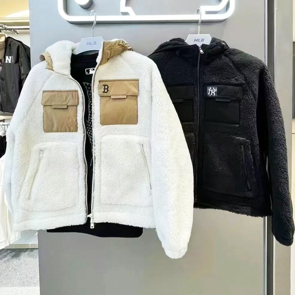MLB男女新款羊羔绒拼连续帽外套