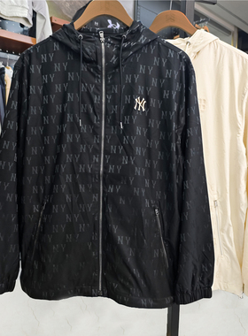 MLB情侣外套NY满印老花男女同款宽松运动上衣连帽夹克3AWJM0444