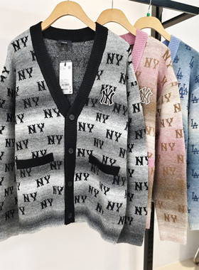 MLB情侣毛衣25秋冬新款男女NY渐变老花针织开衫运动外套3AKCM0354