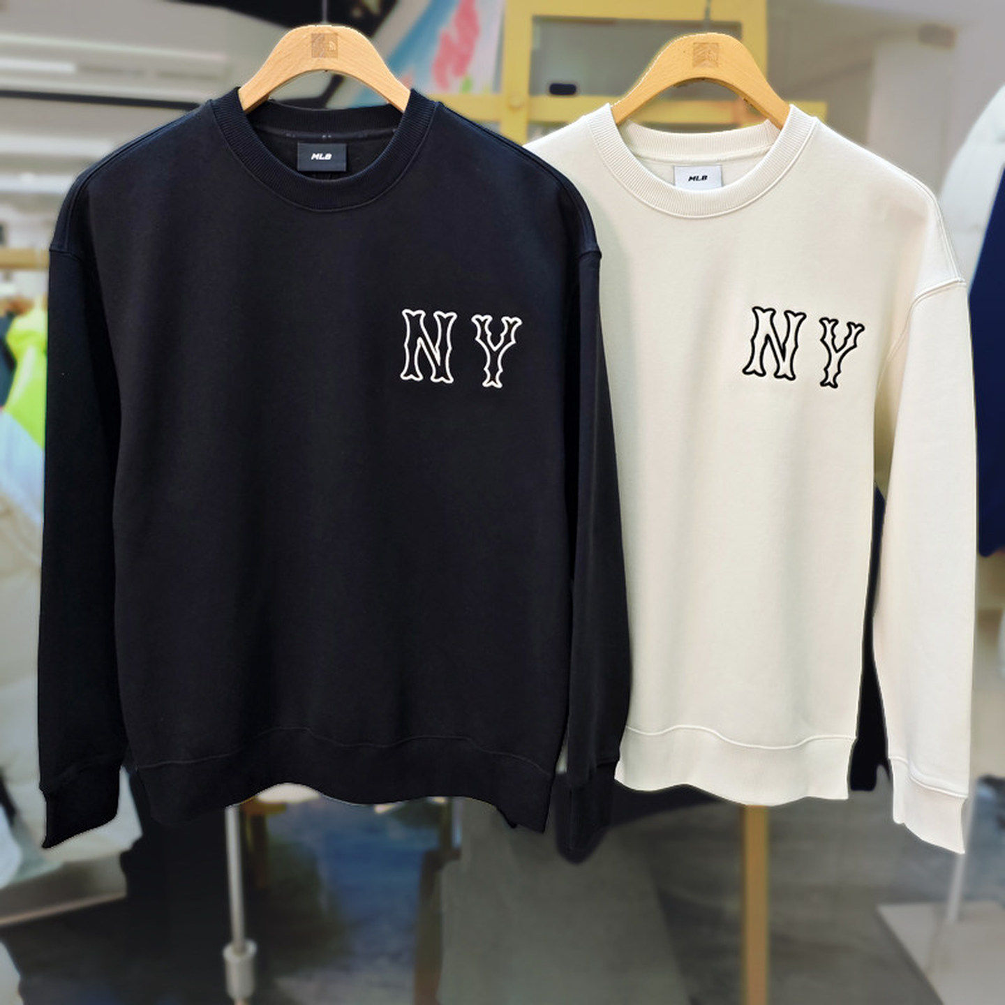 MLB卫衣男女同款NY镂空字母圆领加绒上衣情侣运动套头衫3AMTB3146