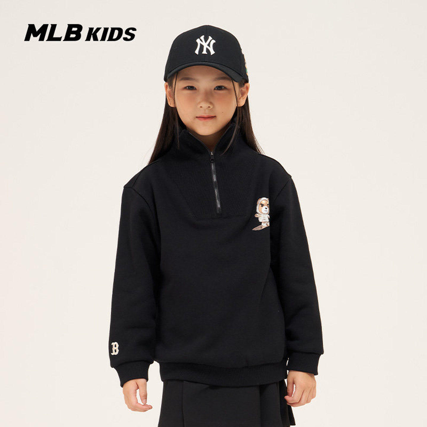 MLB儿童卫衣秋季男女童NY皱眉熊半拉链立领针织套头衫7AMTC0336