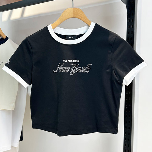 MLB短袖女子25春夏新款NY字母印花圆领高腰短款运动T恤3FTSV0553