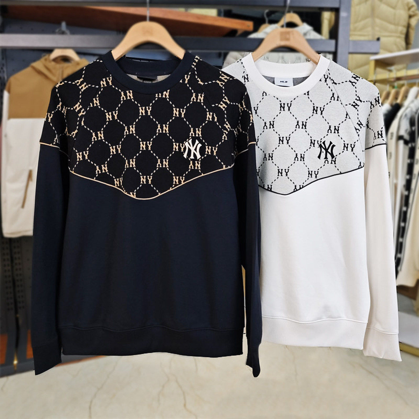 MLB男女卫衣秋冬款NY钻石老花情侣学院风圆领运动上衣3AMTM1144