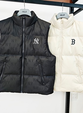 MLB羽绒马甲25秋季新款男女NY暗纹老花情侣立领运动背心3ADVM0356