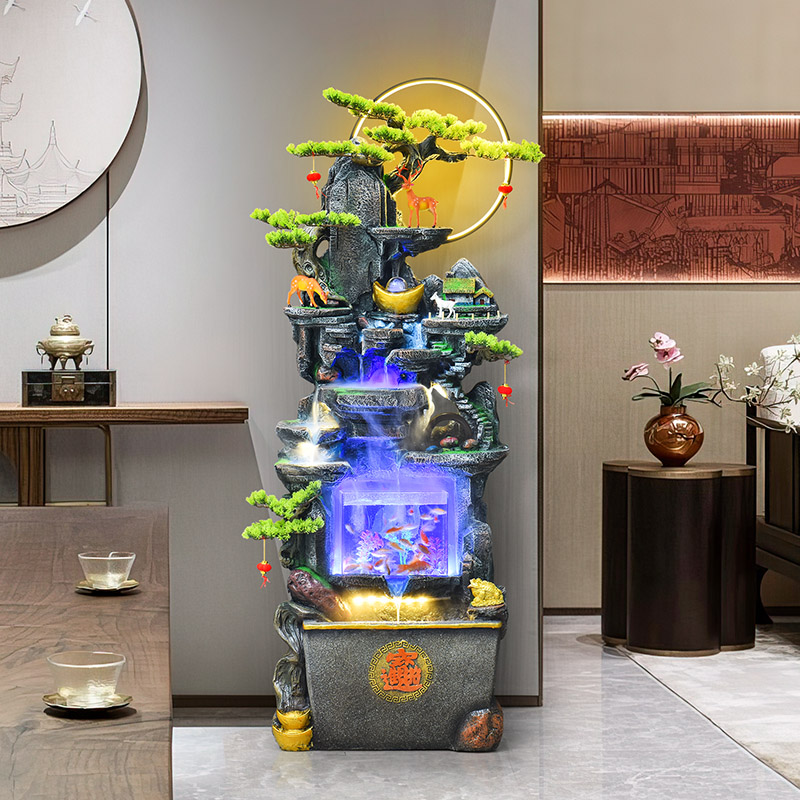 客厅假山流水摆件带鱼缸可养鱼