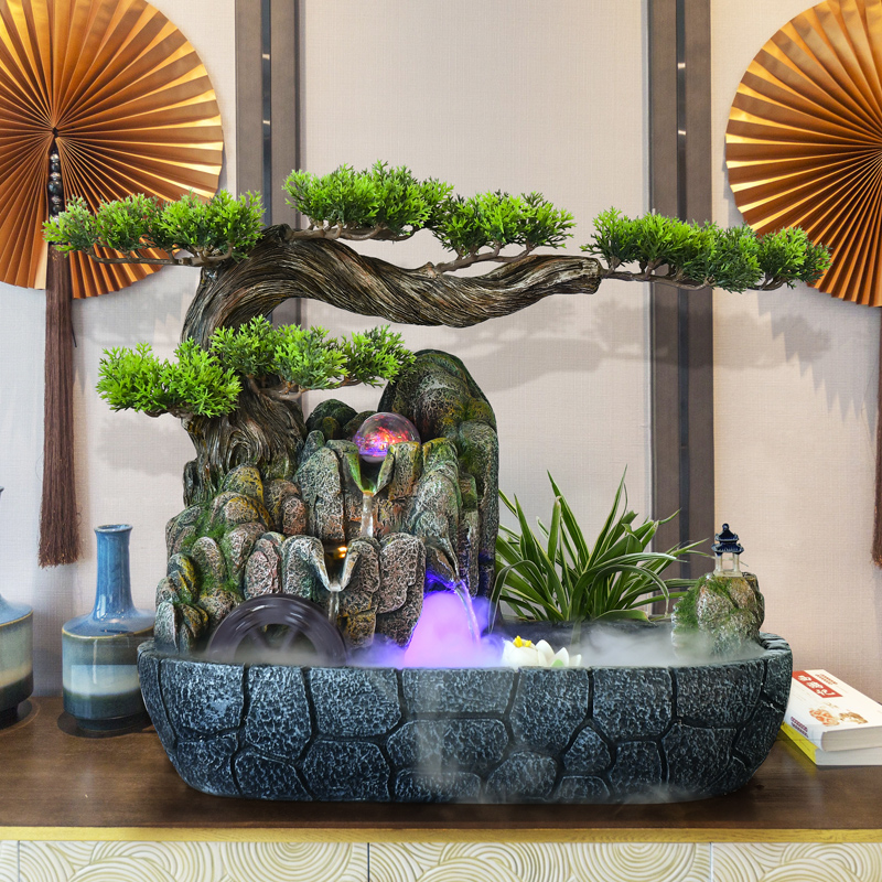 新中式假山流水喷泉盆景室内客厅迎客松风水车轮桌面摆件开业礼物