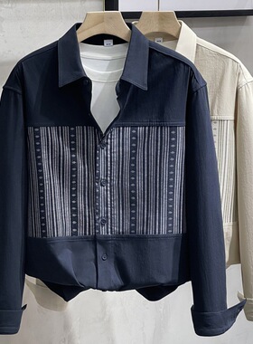 2023年条纹撞色拼接长袖衬衫男春秋韩版轻熟风纯棉宽松休闲衬衣潮