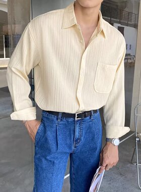 夏季纹理宽松纯色长袖薄款休闲透气坑条褶皱青年垂感免烫潮流衬衫