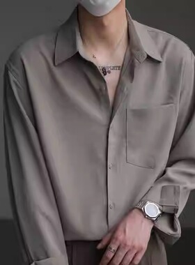 轻奢高级垂感韩版宽松长袖衬衫男春秋季上衣潮流痞帅纯色免烫衬衣