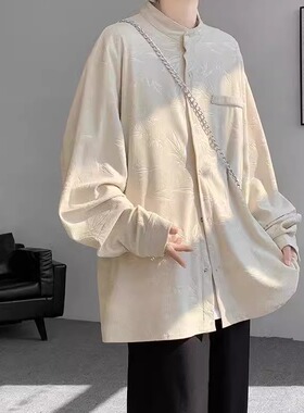 新中式国风衬衫男士春秋中山装外套痞帅高级感百搭潮流休闲寸衣服