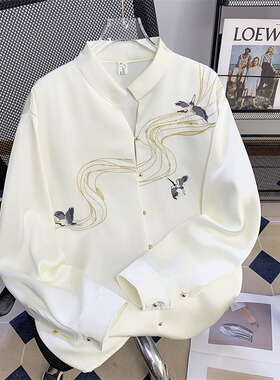 2025新款高级感中国风丹顶鹤刺绣国潮复古立领长袖衬衫男装衬衣潮