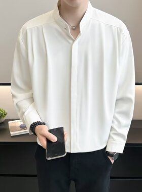 轻奢高级垂感新中式立领长袖衬衫男装春秋季上衣潮流宽松免烫衬衣