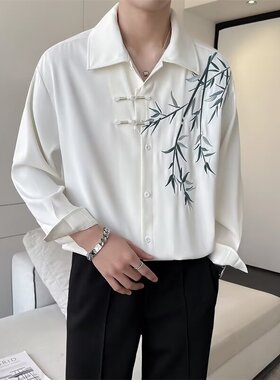 新中式国风竹叶刺绣长袖衬衫男 春秋季盘扣上衣宽松免烫翻领衬衣