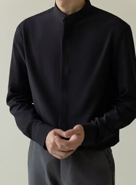 新中式立领长袖衬衫男春秋季新款轻熟风男装韩版修身免烫衬衣潮