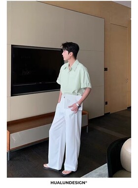 潮牌薄荷曼波绿冰丝短袖衬衫男夏季2025新款韩系痞帅纯色半袖衬衣