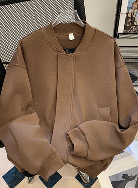 美式复古风棒球服男秋冬季宽松休闲重磅夹克潮牌咖啡色高级感外套