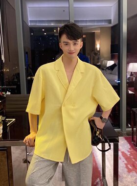 高级感痞帅双排扣西装领短袖衬衫男休闲宽松小众垂坠设计感衬衣潮