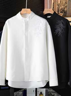 轻奢新中式竹叶刺绣长袖衬衫男 秋季高级感纯色上衣立领痞帅衬衣