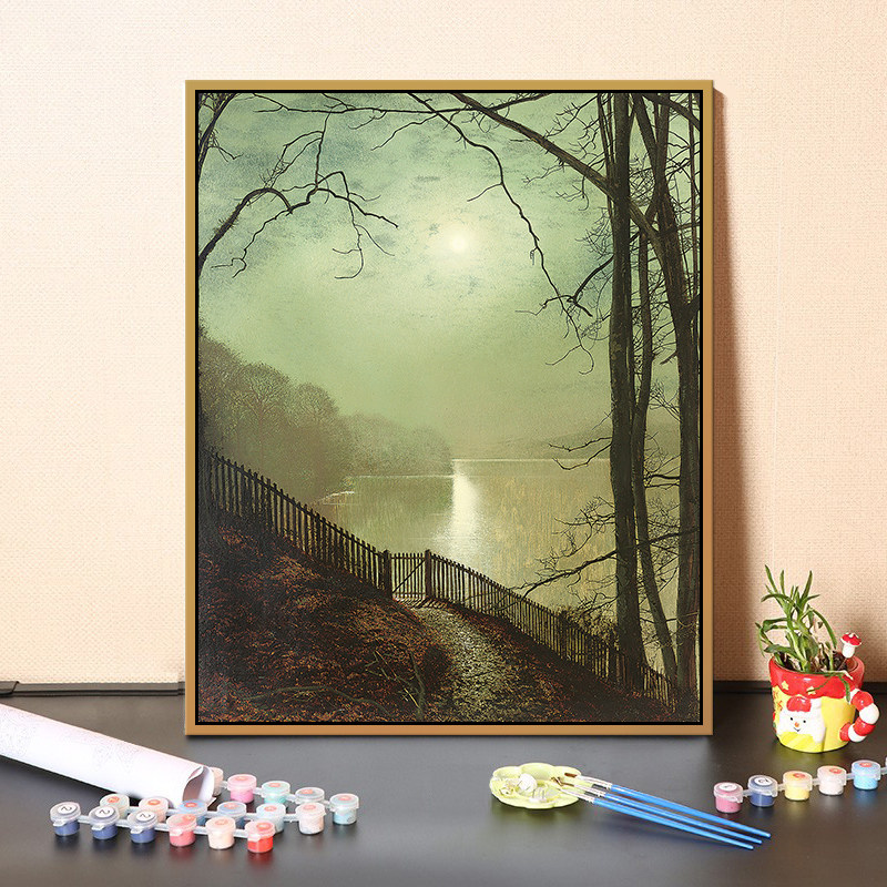 森林树木小路风景艺术油画客厅装饰画 创意手工填色diy数字油彩画