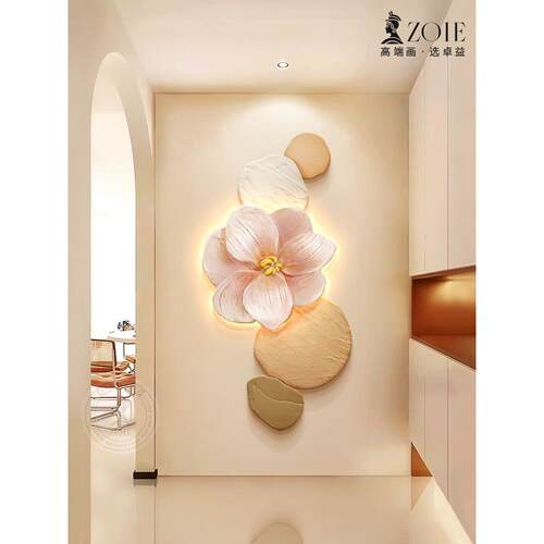 342荷花入户门玄关装饰轻高档灯画石来运画走转廊过道挂画现代简