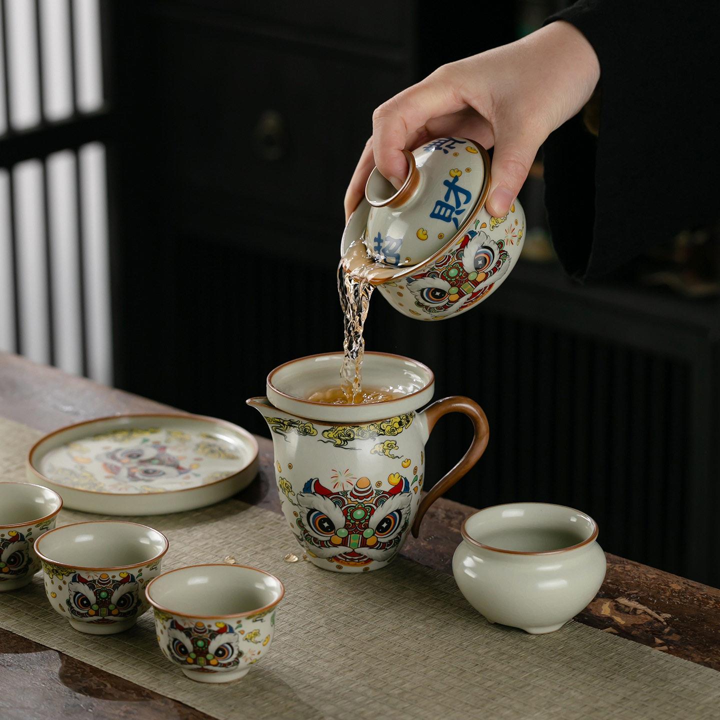 汝窑夫泡茶具三功才盖碗5悬停醒养狮茶碗大容量开片可陶瓷茶具套