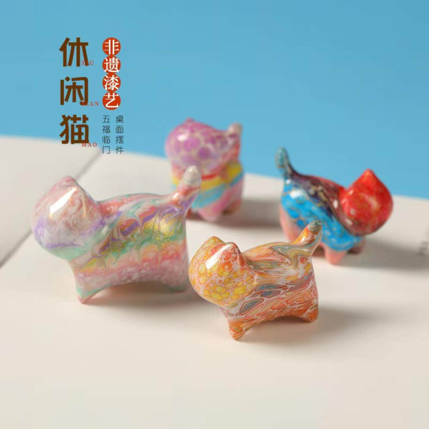 直销非遗漆器工艺品自信猫摆件