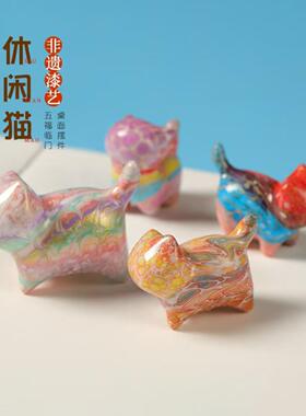 直销非遗漆器工艺品自信猫摆件