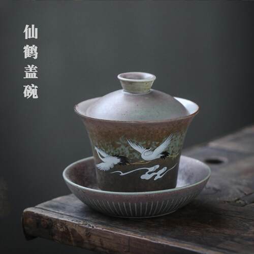 仙鹤盖碗粗陶焕彩窑变三才功夫