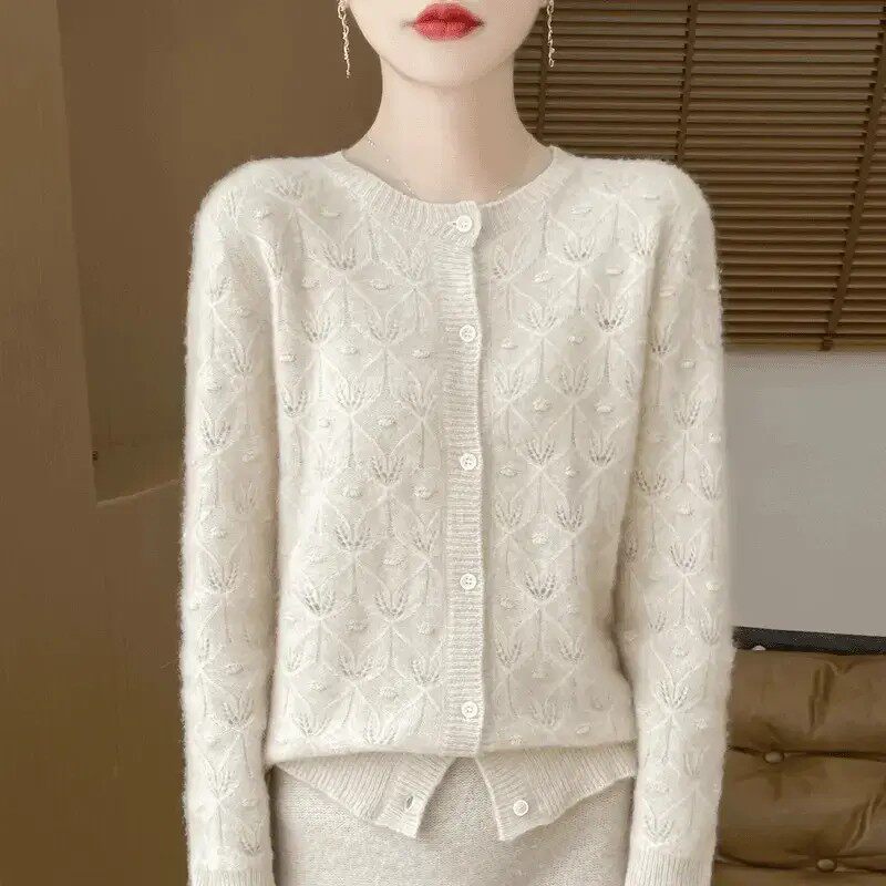 羊绒高端时尚百搭!镂空勾花100纯女士长袖针织衫短款纯色上衣宽松