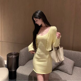 少女爱逛街气质套装女黄色针织吊带连衣裙长袖开衫外套两件套裙子