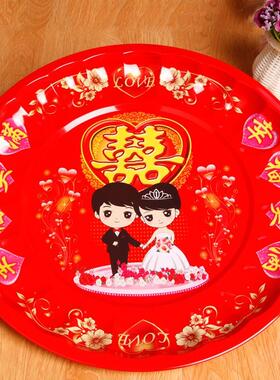 婚庆圆形大红色盘子敬茶托盘结婚喜庆喜字茶盘糖果盘水果盘搪瓷盘