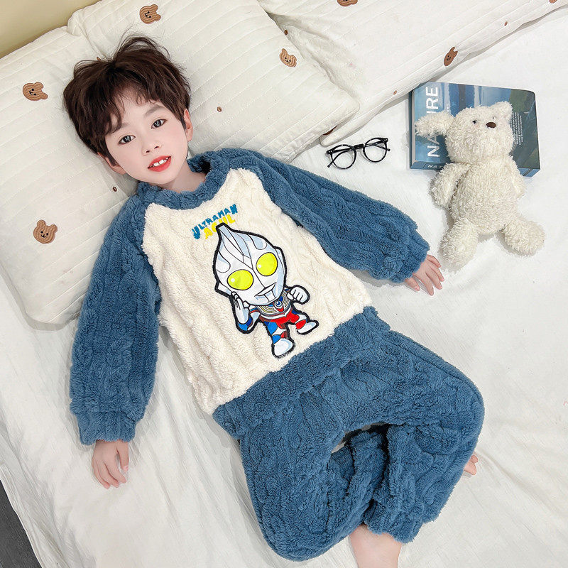 男童奥特曼睡衣加绒套装秋冬季加厚卡通法兰绒新款套头宝宝儿童