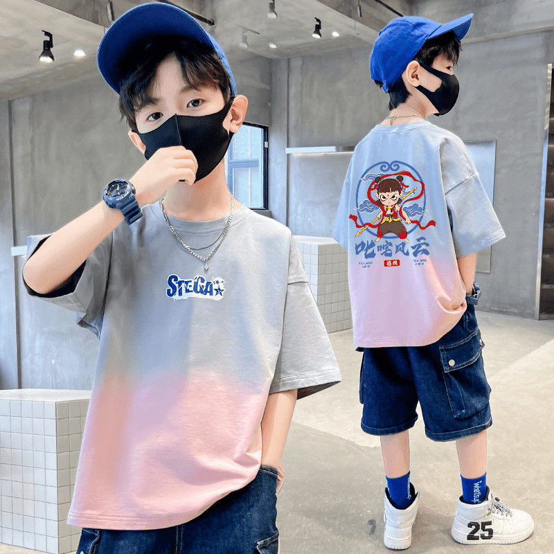 哪吒爆款男童2025纯棉扎染短袖T恤夏季新款印花卡通儿童上衣百搭