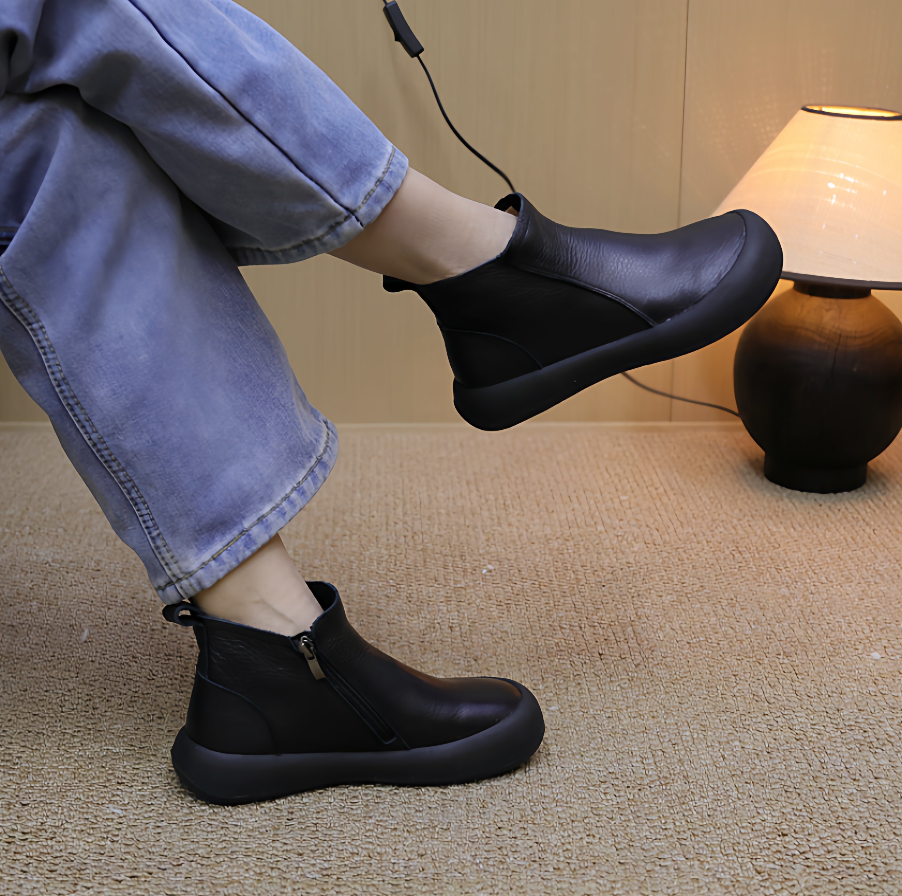 2025复古头层牛皮厚底短靴女侧拉链休闲平底女靴,女鞋,时装靴,淘宝优惠券,粉丝福利购,淘宝优惠卷