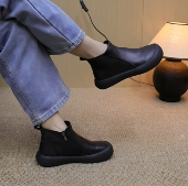 2025复古头层牛皮厚底短靴女侧拉链休闲平底女靴