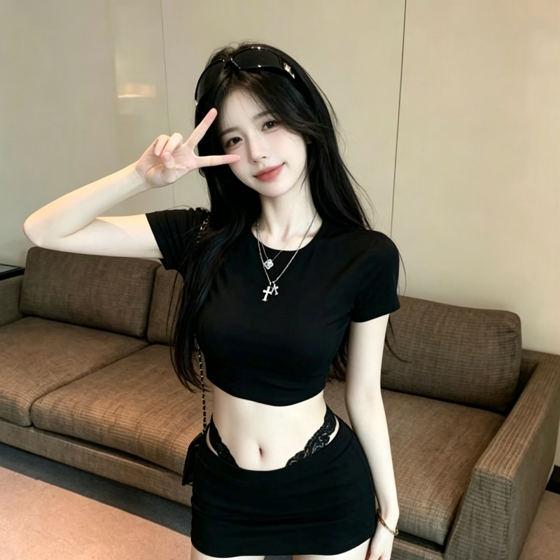 纯欲性感蕾丝套装女夏季修身显瘦包臀短裙子黑色百搭露脐短袖T恤