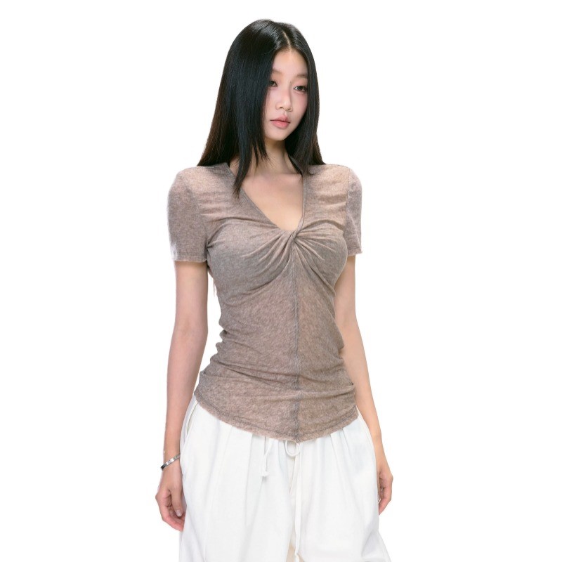 短袖纯欲风扭结女修身显瘦T恤图片