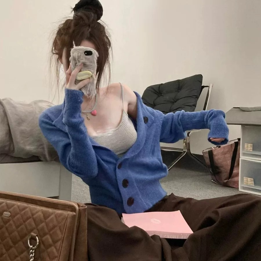 扣子开衫毛针织衫甜美修身显瘦