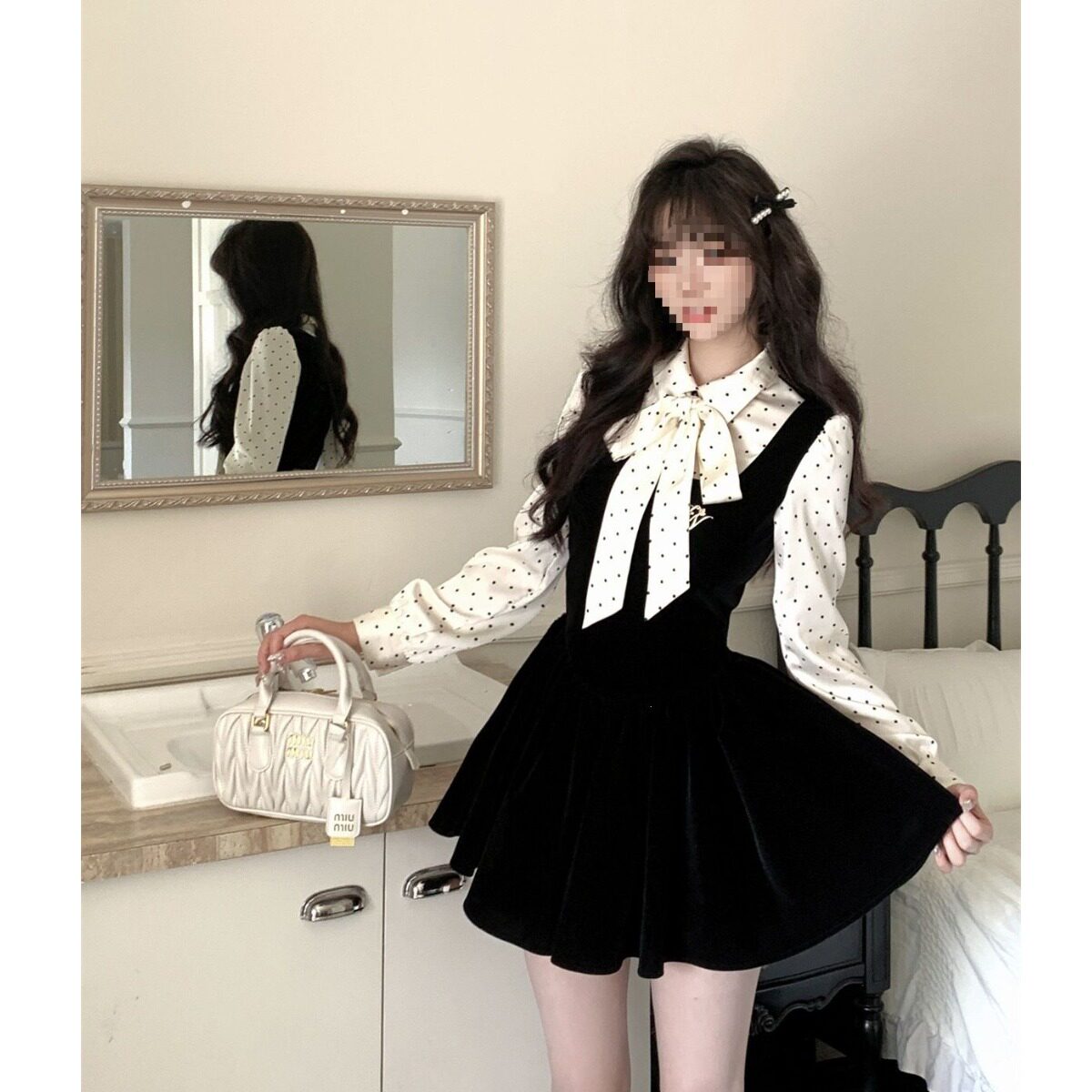 少女风A字裙收腰显瘦假两件丝绒
