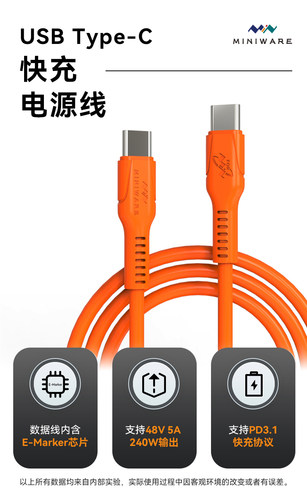 MINIWARE官方双公头Type-C数据线240W耐高温防烫硅胶快充电源线PD充电线PD3.1用于TS101 MHP50 TS1C P906