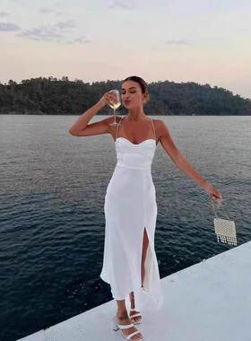 欧美风ins23年夏季新品Z家同款缎面鱼骨吊带丝滑开衩露背连衣裙女