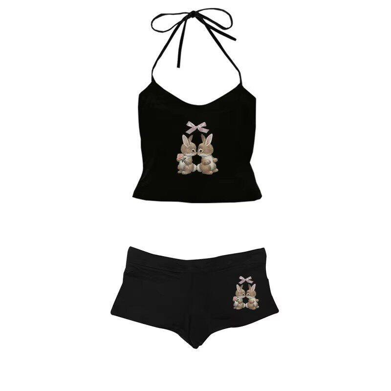 Rabbit print suspender three part pants set