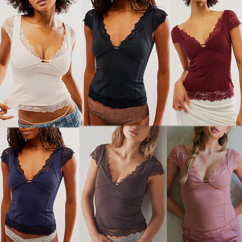 Women's Lace Sexy Small Vest Deep V Short Sleeve Top Slim
