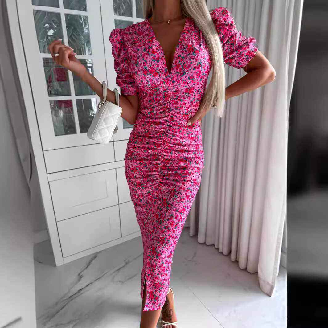 法式复古印花修身洋装春夏性感女人味名媛开叉包臀短袖碎花裙