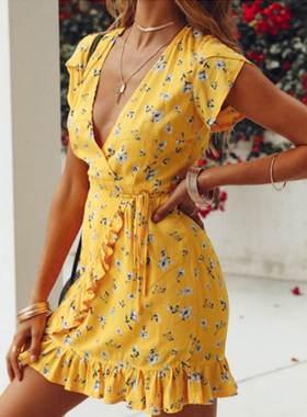 Bandage Bodycon Yellow Evening Party Print Short Mini Dress
