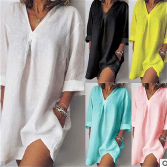 Half sleeve V-neck pocket loose spring dress五分袖短款连衣裙