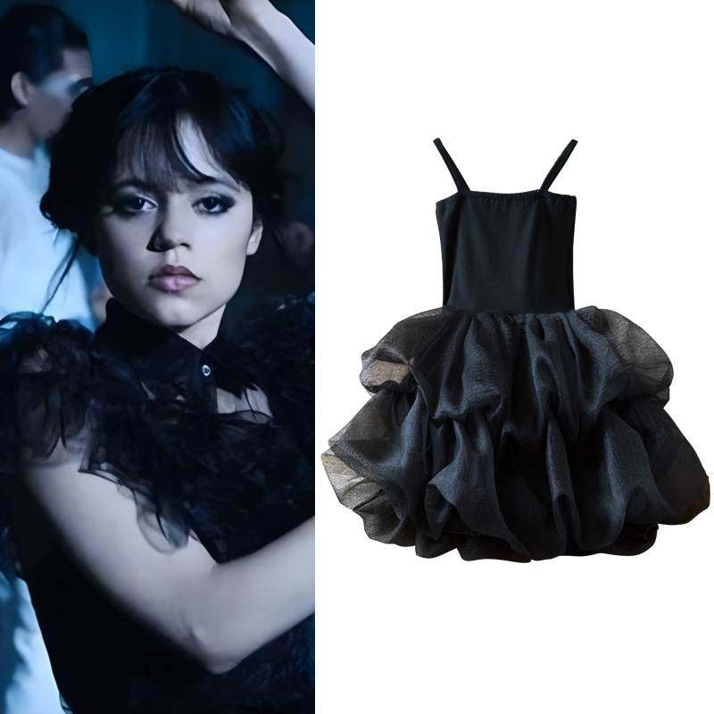 亚当斯一家cos服星期三亚当斯黑色纱裙女童吊带连衣裙 跨境热销