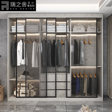 现代简约玻璃门轻奢风衣柜家用卧室实木组合大衣橱小户型储物柜子