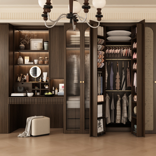 实木组合衣柜2026新款爆款带梳妆台一体家用卧室中古风全挂式衣橱