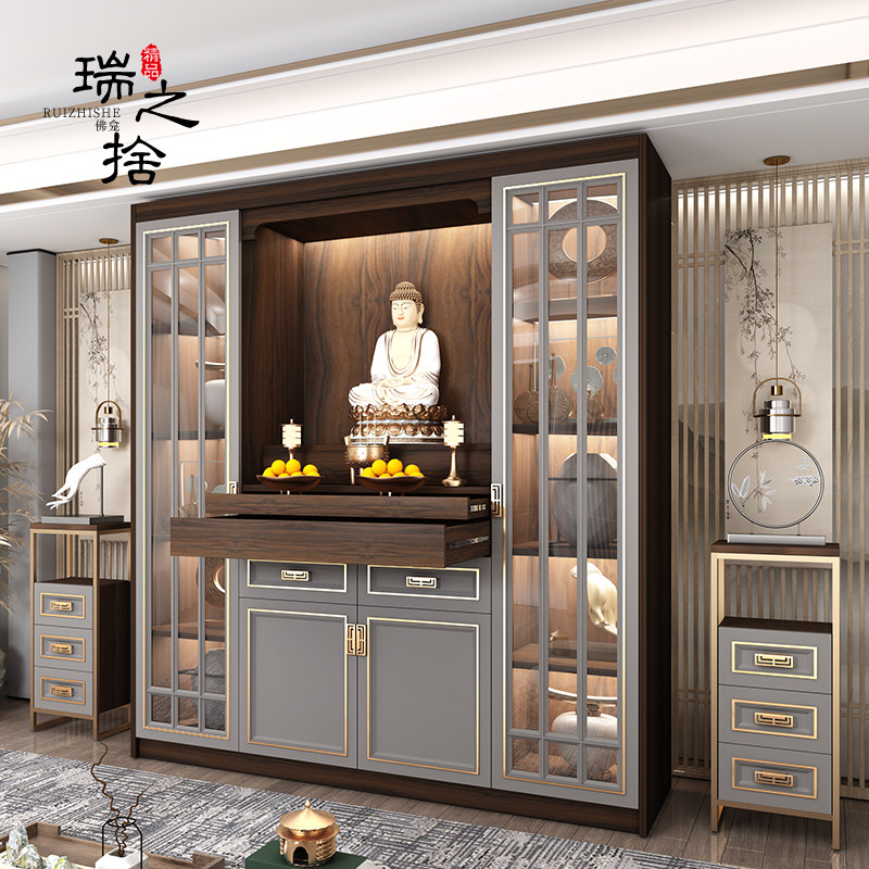新中式实木佛龛立柜家用现代神台神龛供桌轻奢带门观音佛台供佛柜_虎窝淘